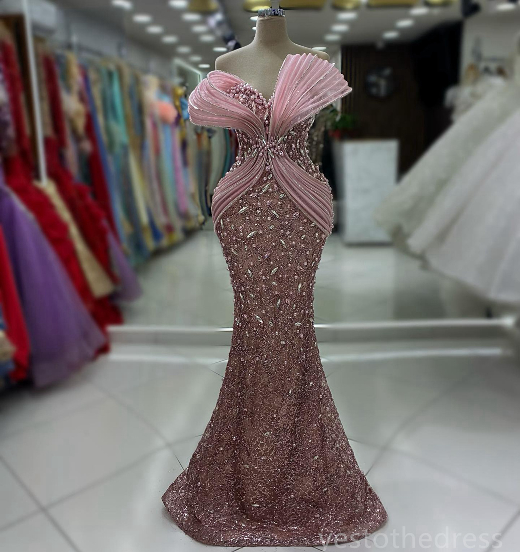 2024 Plus Size Dustyrose Prom Dresses for Black Women Promdress Illusion Beaded Lace Pearls Rhinestones Decorated Birthday Party Dress Second Receptio