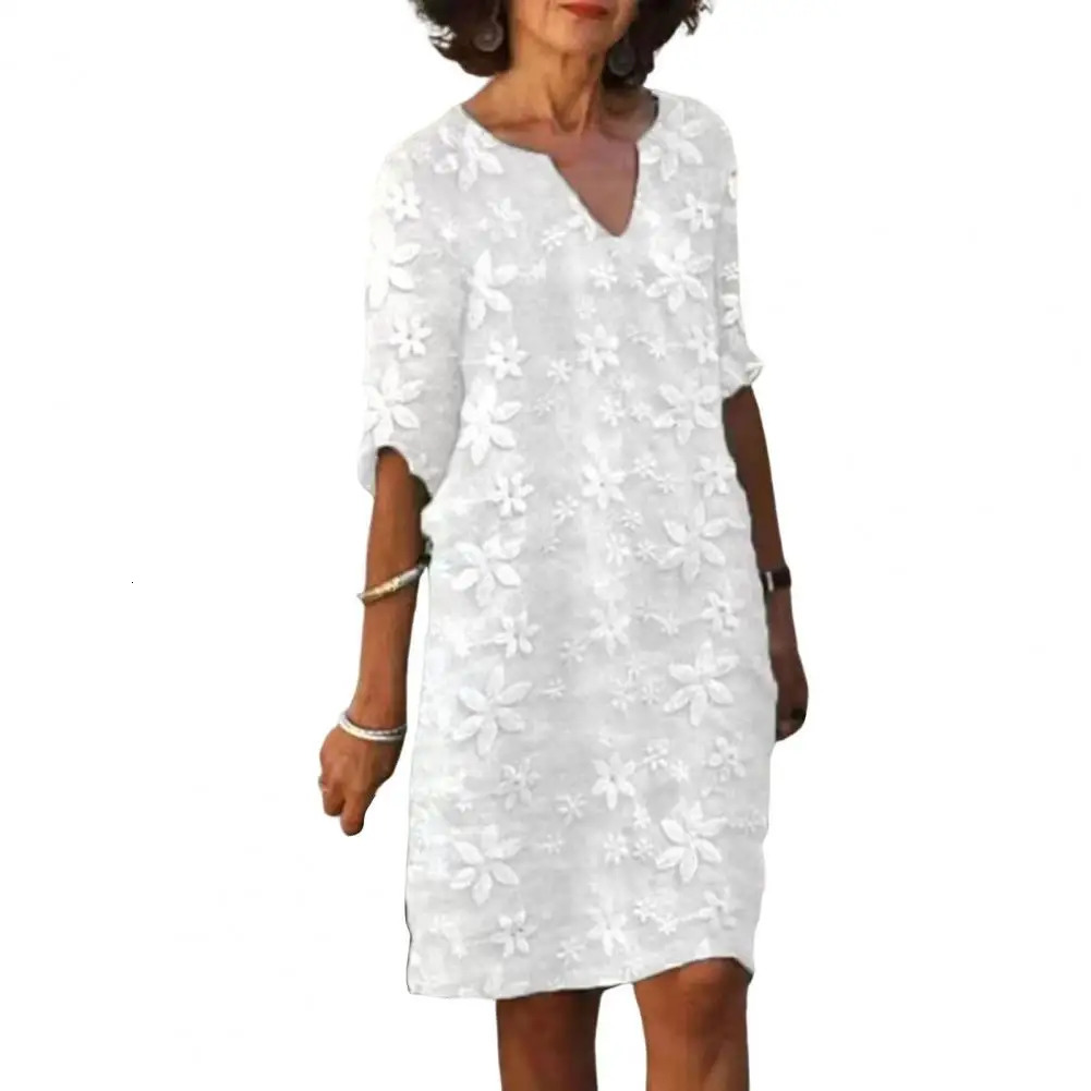 Female Beach Dress V Neck Half Sleeves Flower Embroidery Pullover Elegant Casual Wear White Color Women Summer Loose Midi 240422