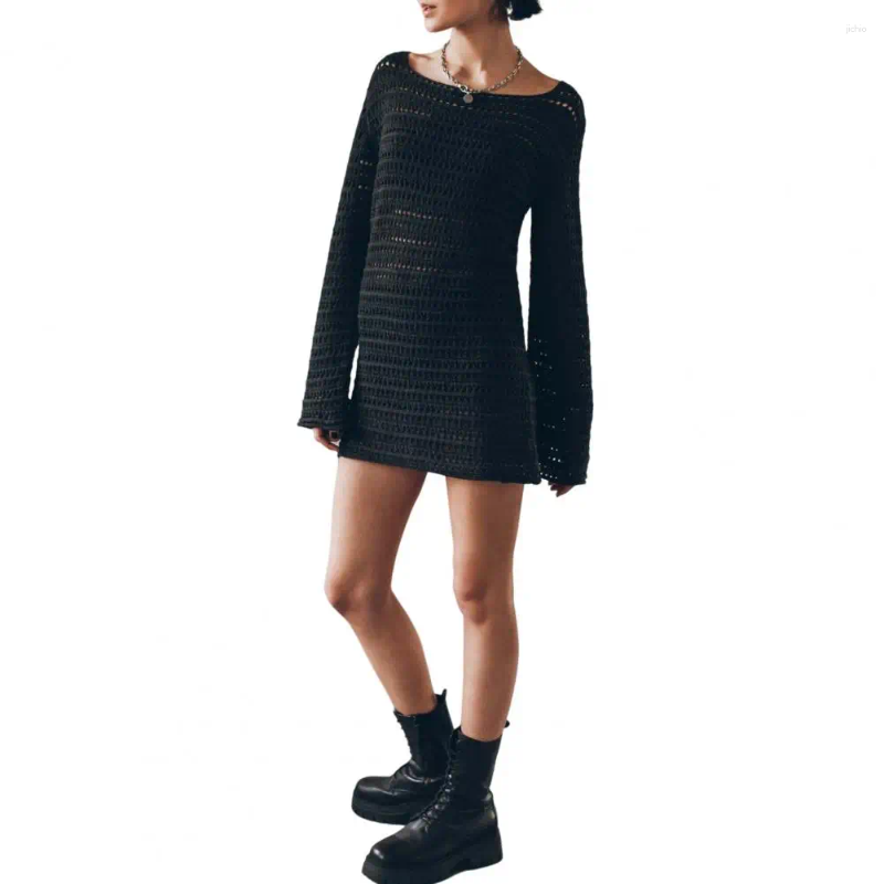Crochet Swimsuit Cover-up Summer Beach Bikini Cutout Design Long Sleeves Backless A-line Dress