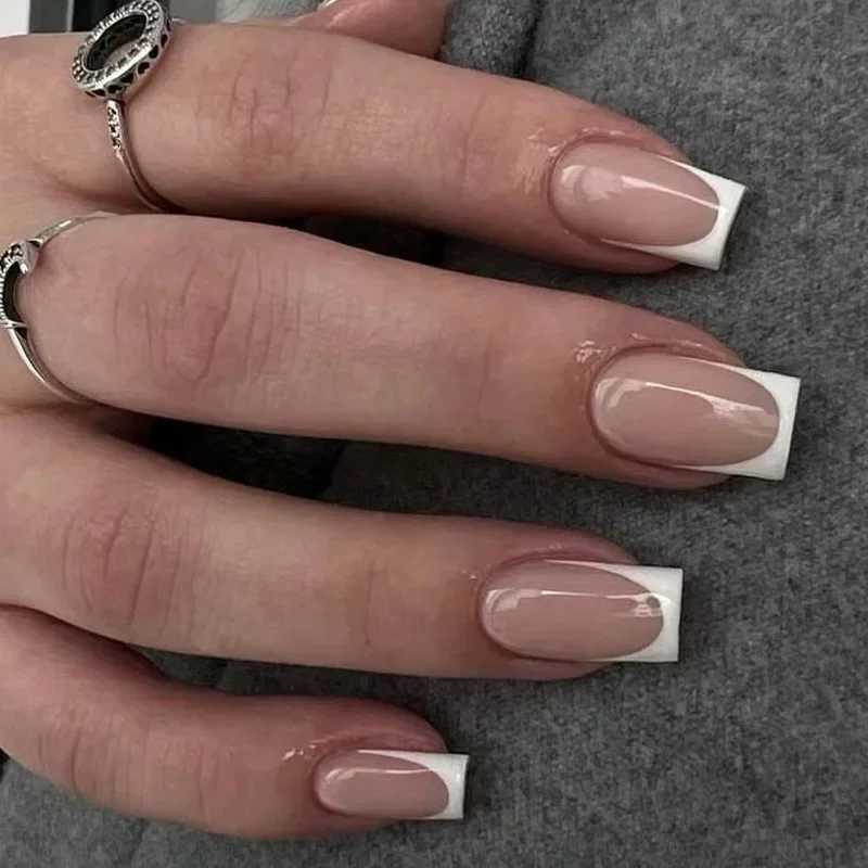 24 pieces of white edged French fake nails rectangular head fake nails wearable simple nail set full set of pressure on nail tipsW241125