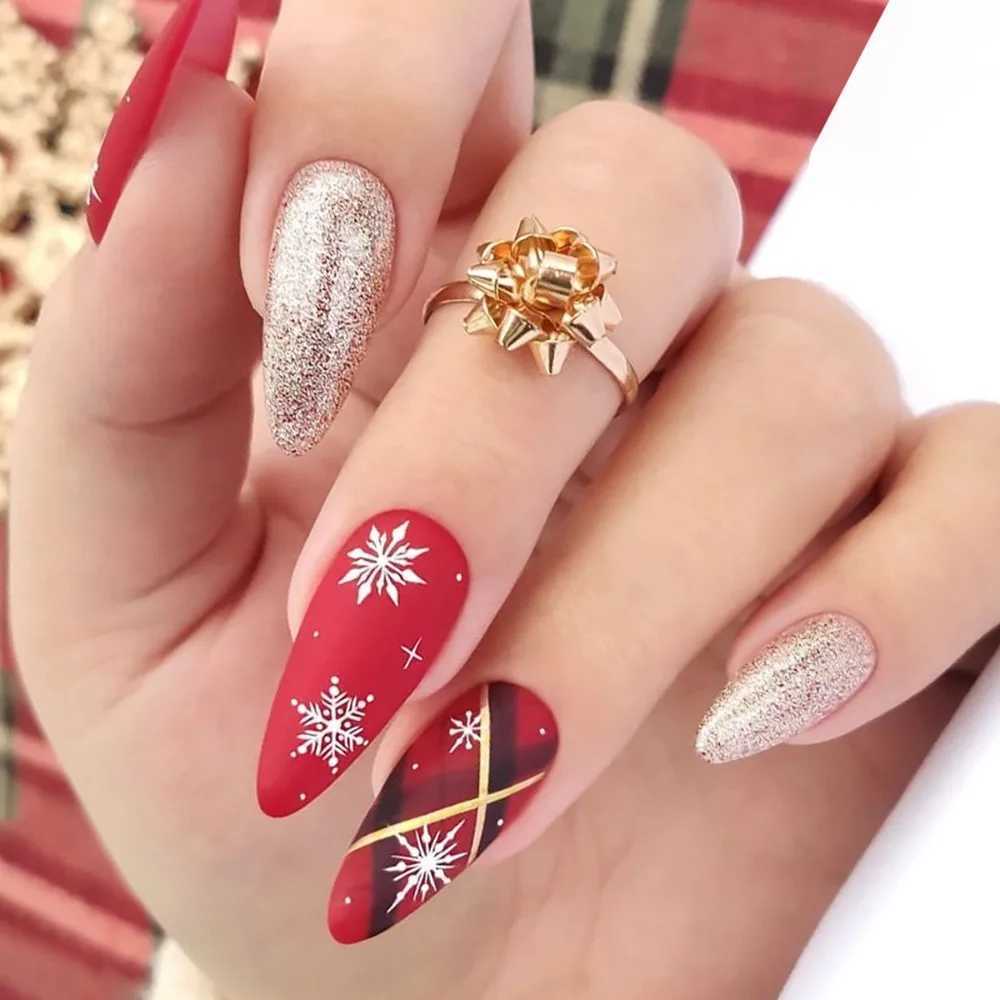 24 Almond Christmas French Ballet Fake Nails Detachable and Wearable Ergonomic Extension Full Set of Fake Nails Pressed on Girls NailsW241125