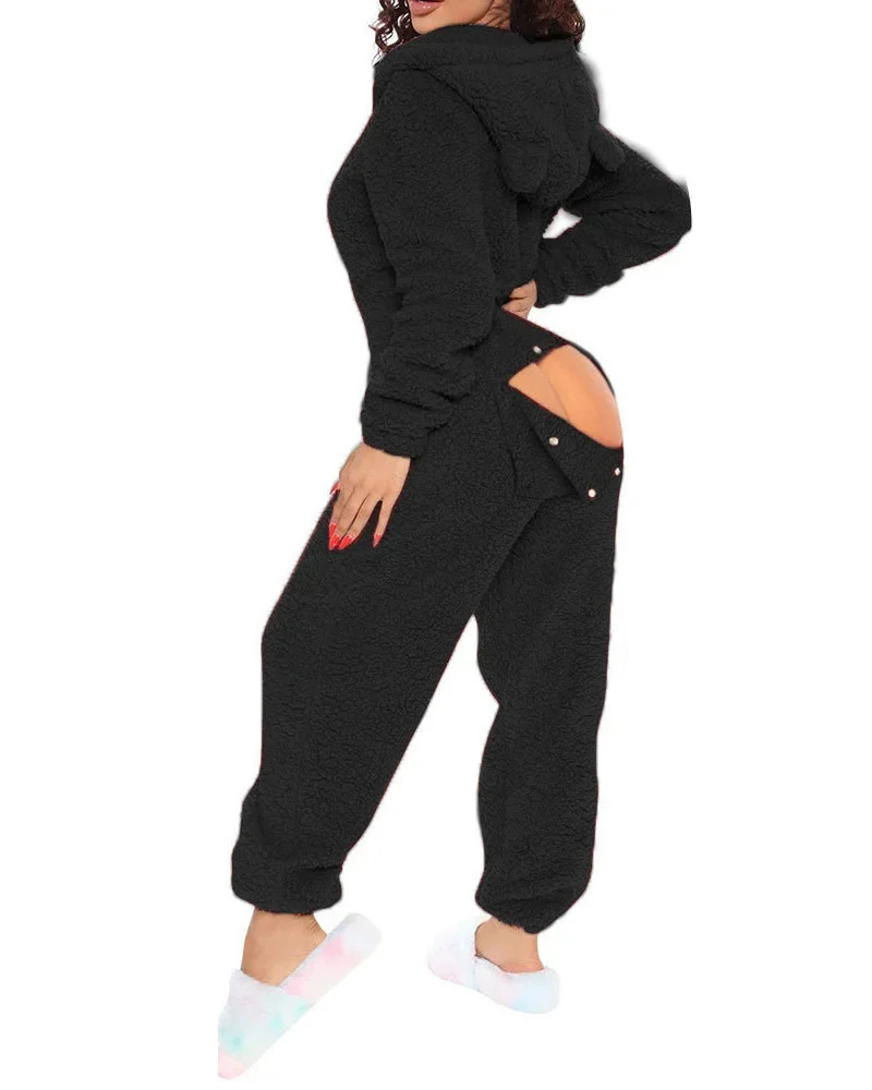 Ueteey Sexy Pyjama Jumpsuits for Women 3D Ear Buttoned Flap Functional Long Sleeve Plush Velvet Hooded Home Lounge Jumpsuit 241125