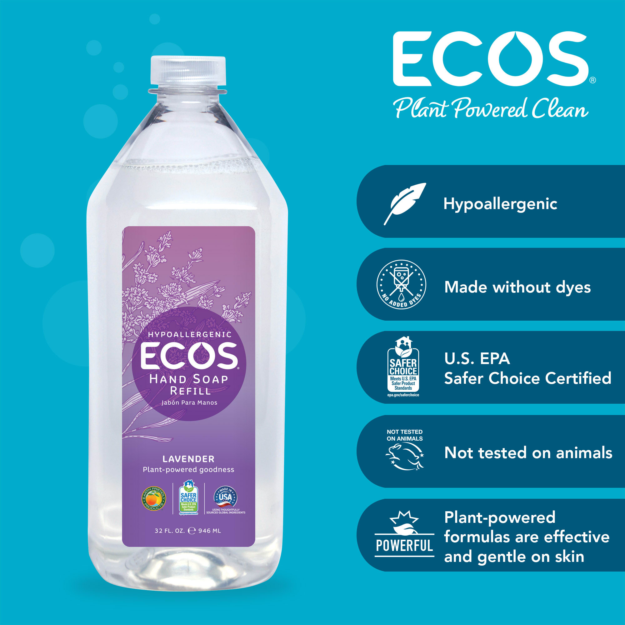 ECOS Hypoallergenic Lavender Scented Refill Hand Soap, 32 fl. oz.