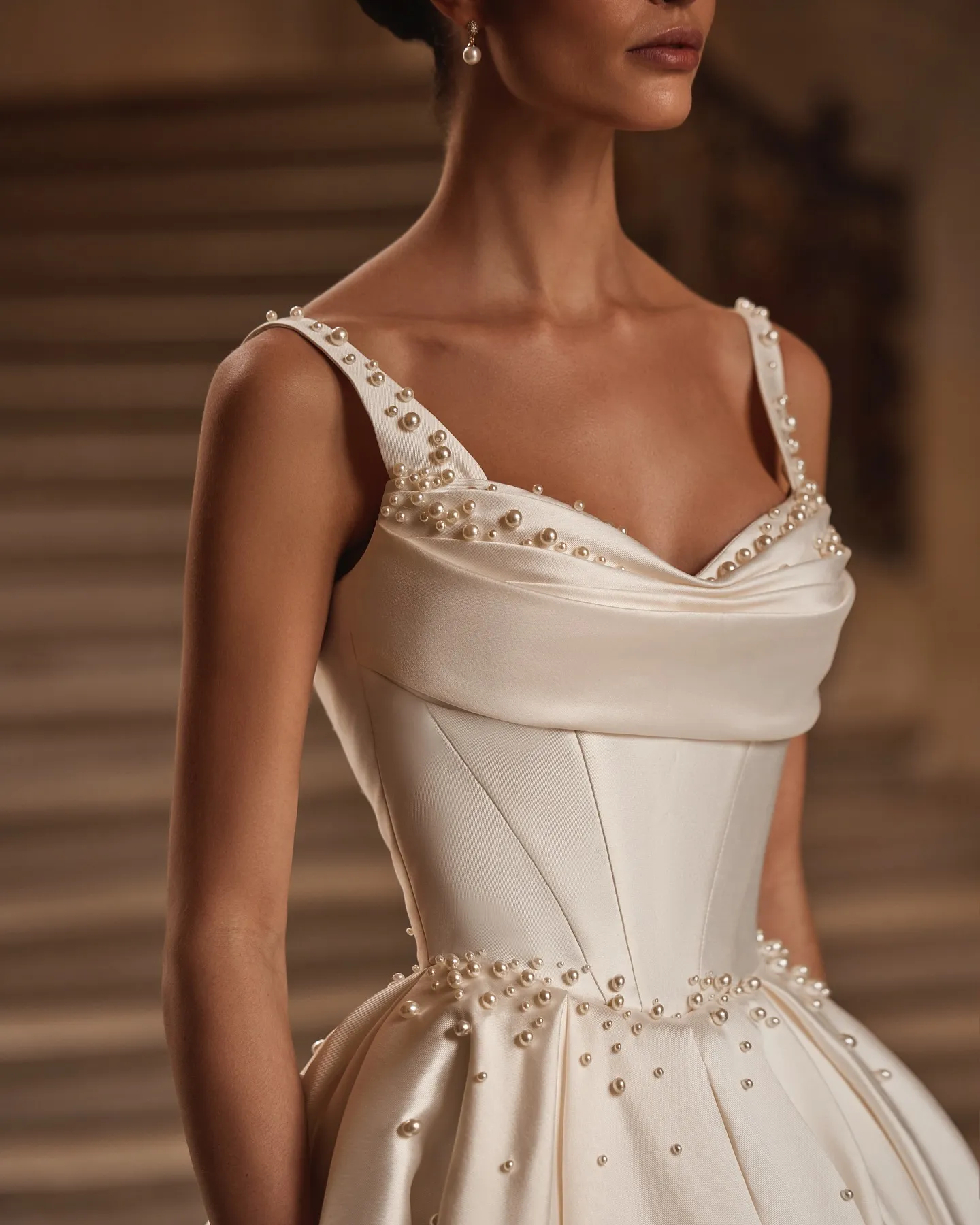 Vintage Dark Ivory Cathedral Wedding Dresses Pearls Beaded Satin A Line Long Wedding Gowns Spaghetti Straps Princess Bride Dress