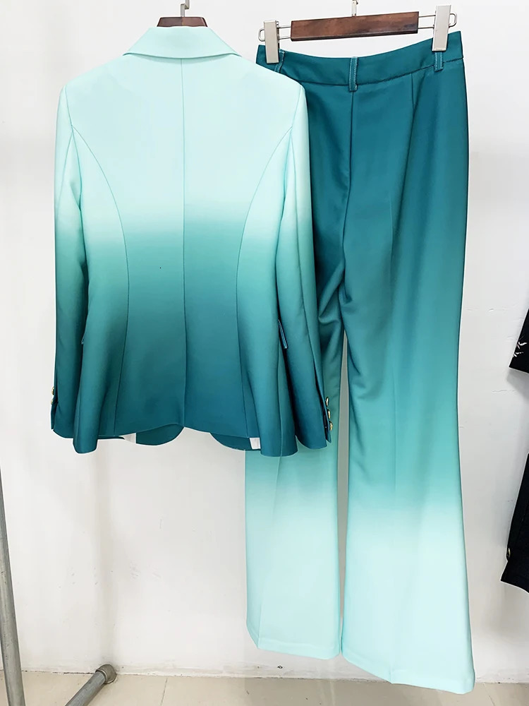 HIGH QUALITY est Fashion ner Suit Set Womens Single Button Blazer Gradient Color Printed Flare Pants 2pcs 241121