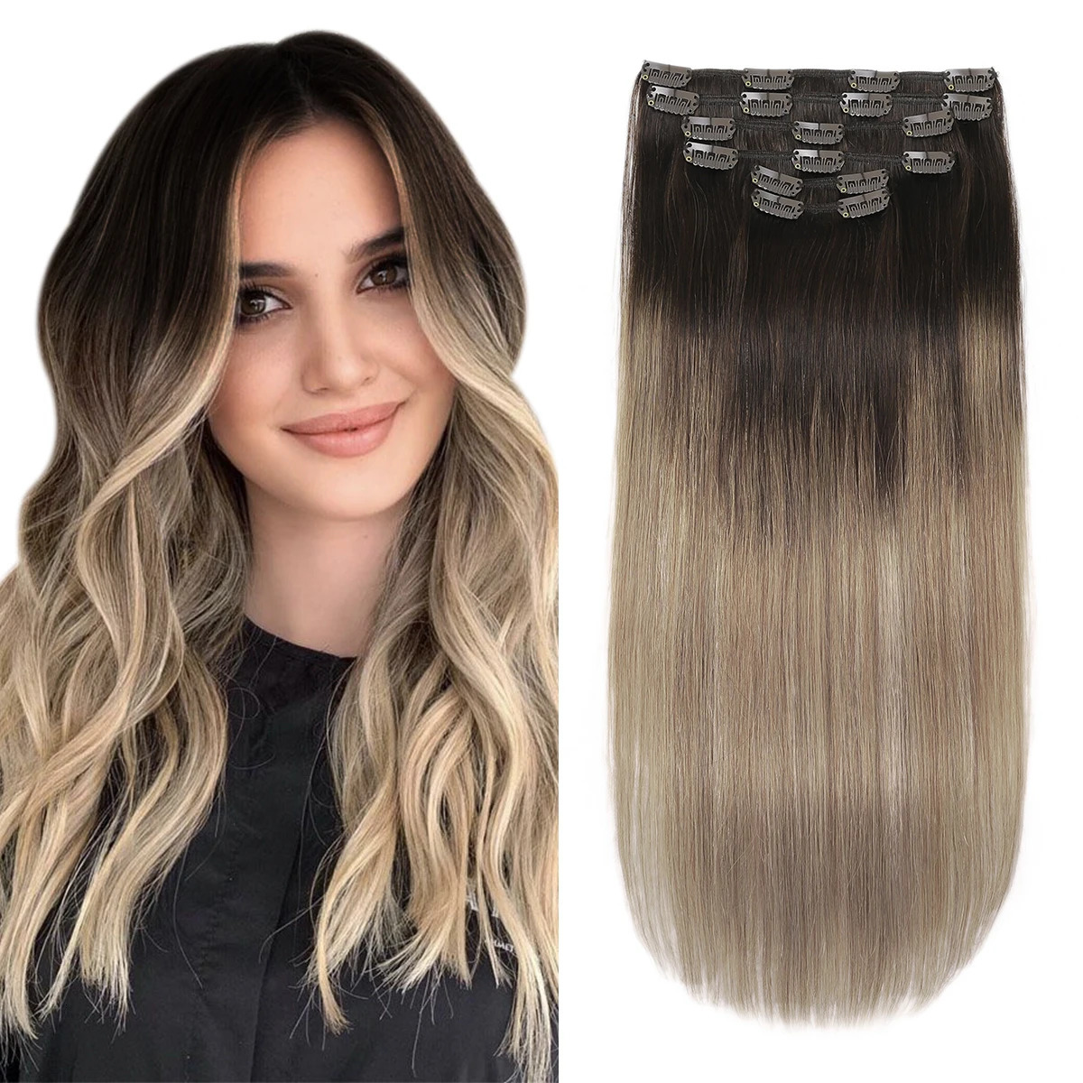 XDhair clip on hair extensions 100g 6 pieces 16 inch Balayage dark brown to chestnut brown and dirty blonde clip on hair 241125
