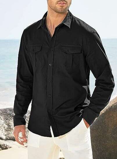 European American Men's Shirt With Double Pockets, Cotton And En Long Sleeves For Leisure Vacation B1