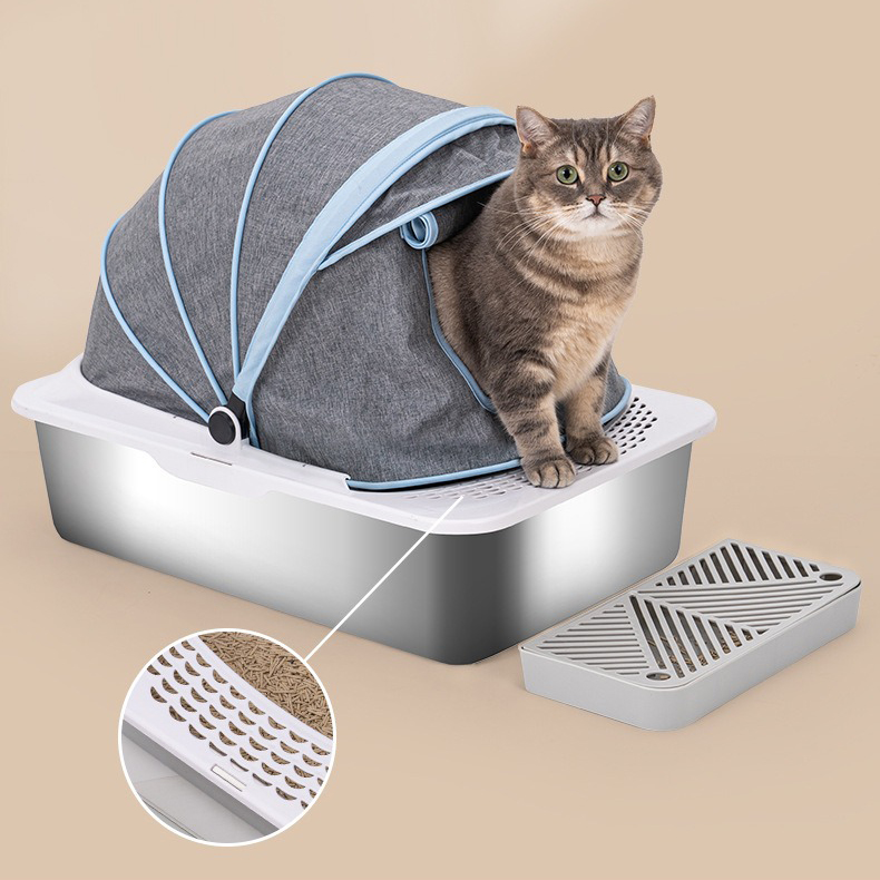 2024 New Eco-Friendly Semi Enclosed Pet Supplies Factory With Lid Sliding Scoop Portable Stainless Steel Cat Litter Box