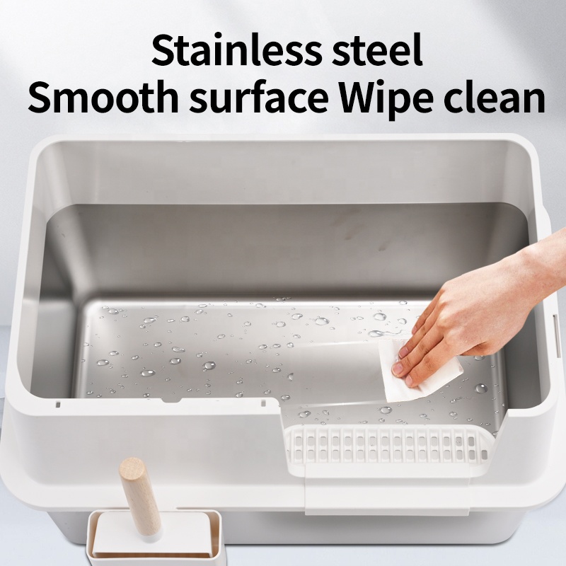 High Quality Oversized Stainless Steel Cat Litter Box Increased Height Enclosure Anti-Splash Reduction Smooth Sand Easy Cleaning