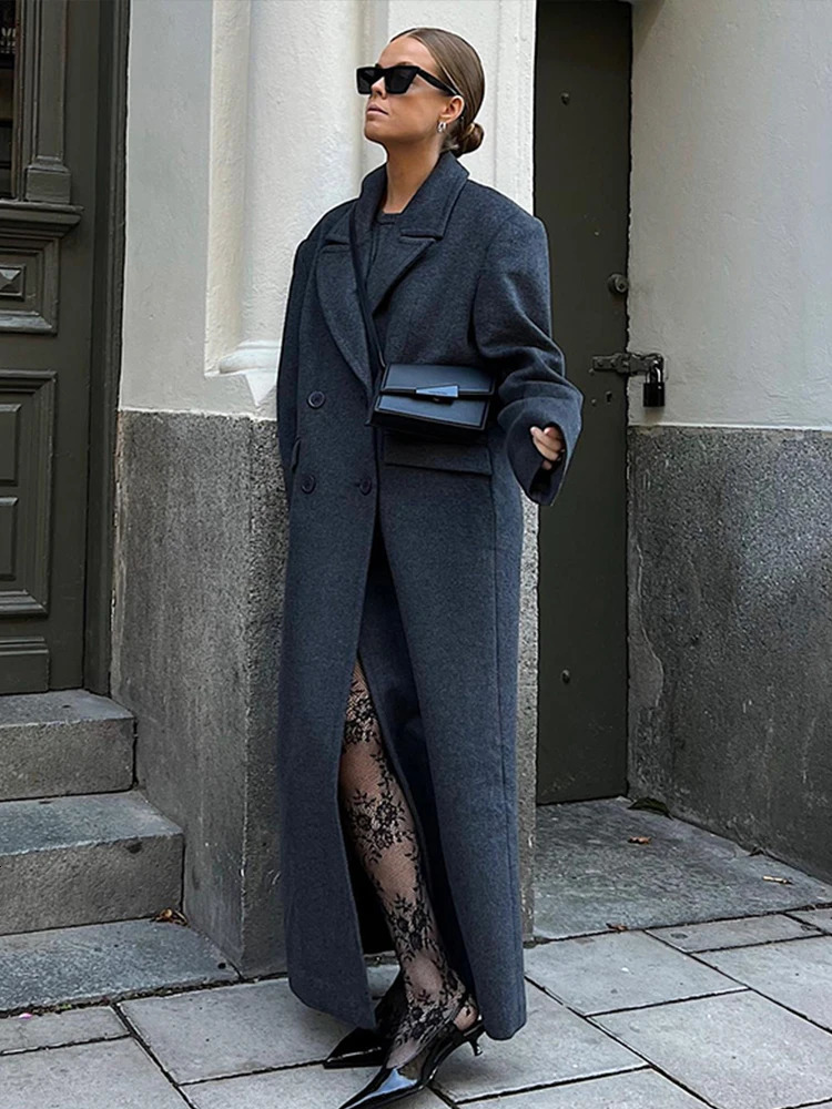 Elegant womens wool coat with double chest and lapel pockets long coat for autumn and winter womens streetwear oversized coat 241125