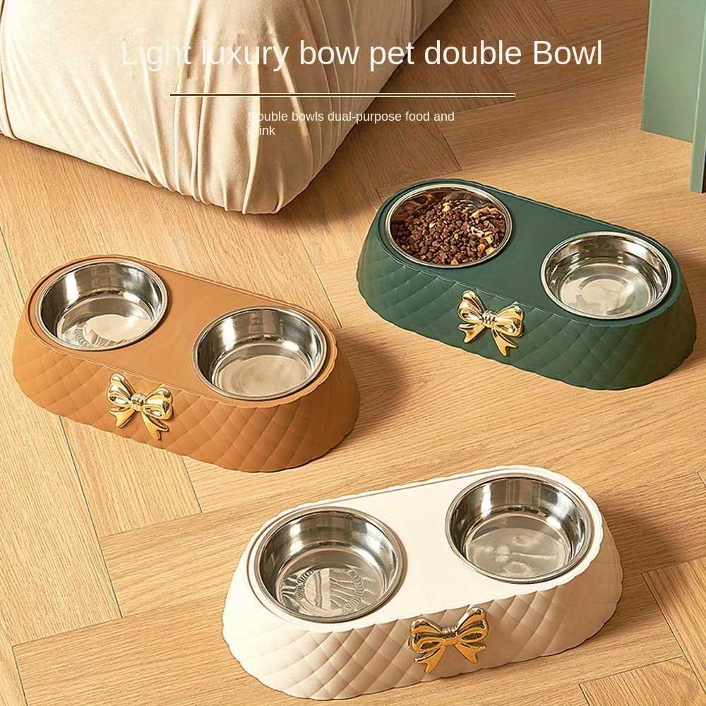 A set of colorful fashion bow pet bowl Large capacity feeding double bowl stainless steel cat bowl feeding water cat rice bowlXJ241125