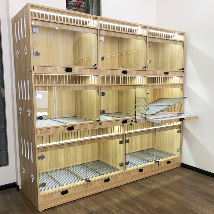 Dog Cat Cage Villa Panoramic High Transparent Glass Dog Display wooden dog house outdoor Cabinet Separate Exhibition Rooms
