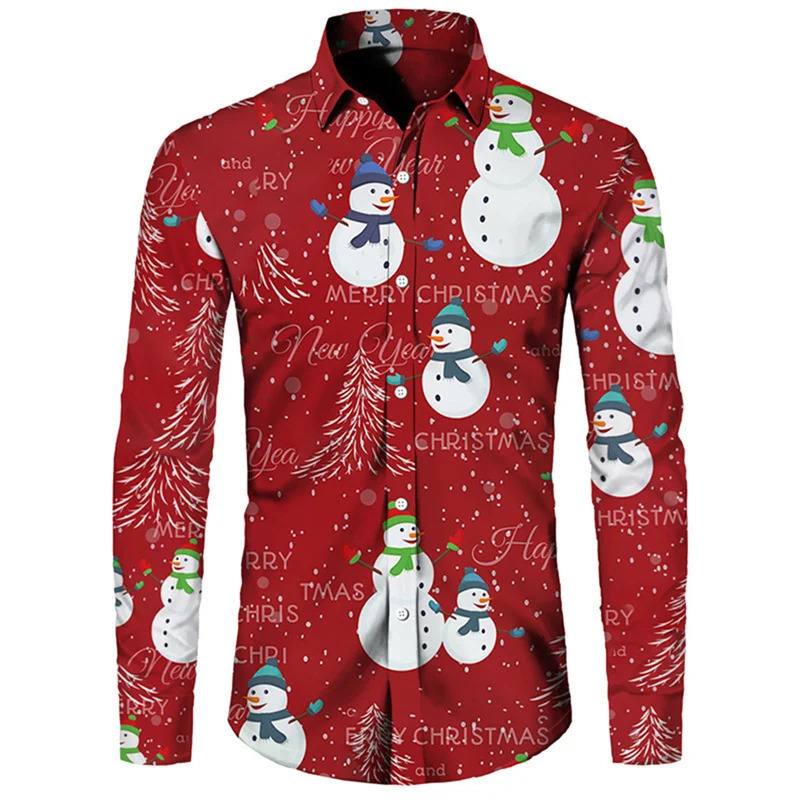 Mens Christmas long sleeved shirt with lapel buttons autumn style Christmas 3D printed mens casual party holiday top 241125