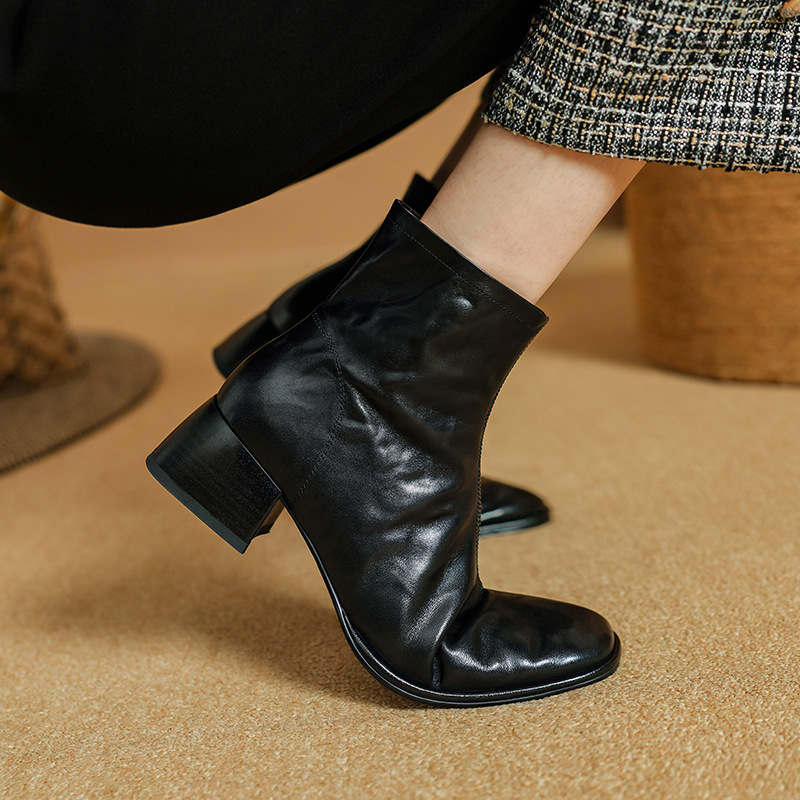 2024 Autumn Square Toe Chunky Heels for Women Vintage Leather Ankle Boots Ladies Shoes