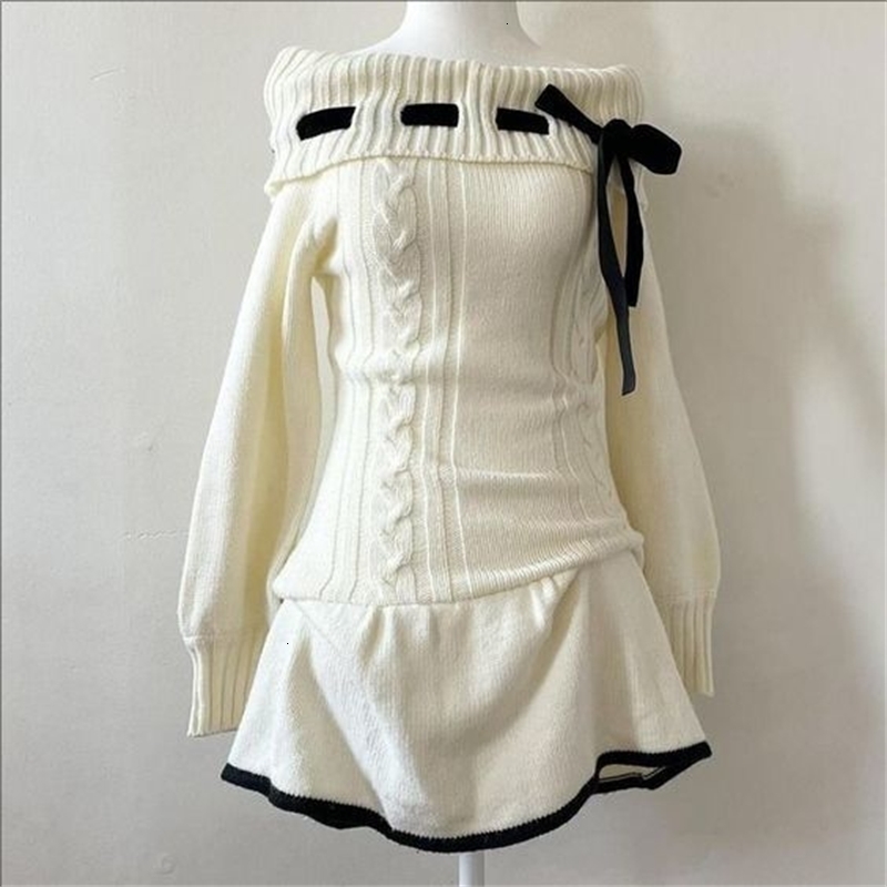 Womens dress Sweet Cute Y2K Aesthetic Vintage Bow Sweater knit dress Harajuku Chic Fashion Korean Daily winter Emo Soft Clothes 241122