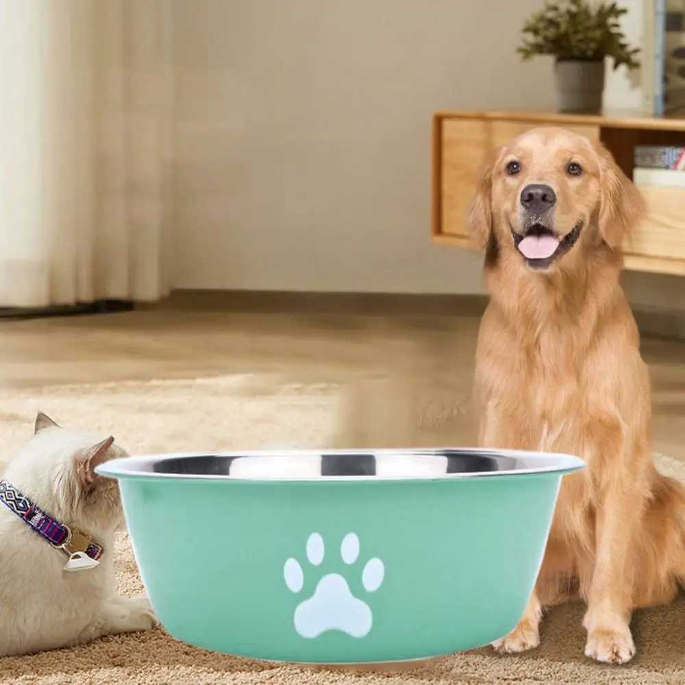 Non-slip Stainless Steel Dog Bowl Bilayer Non-rust Dog Water Bowl Cat Paw Pattern Pet Feeders Dog Food Bowls Drinkers HomeXJ241125