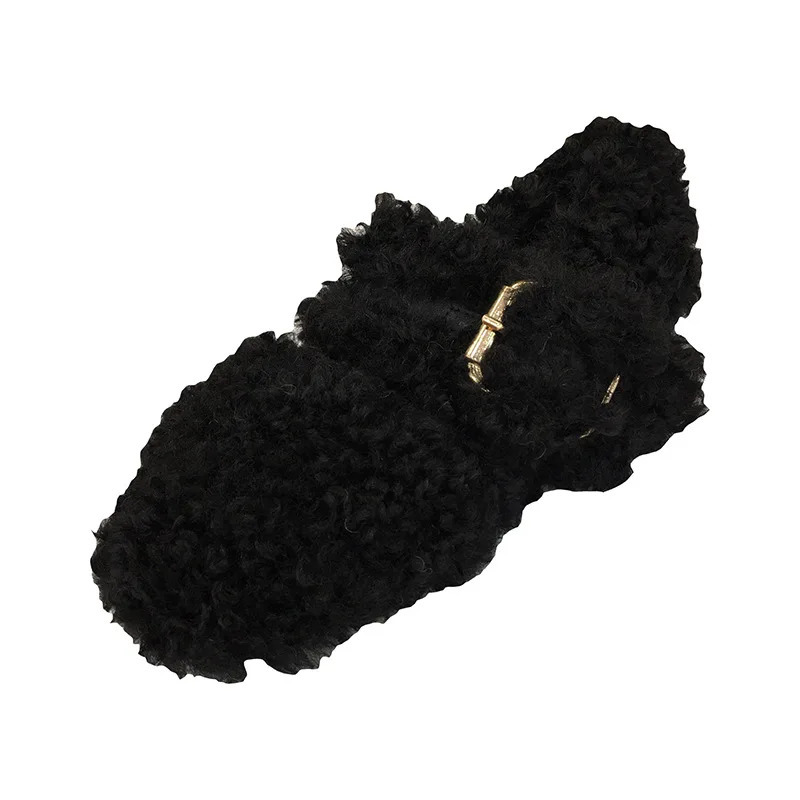 Celebrity Curly lamb wool flats woman metal buckle band furry mary janes ladies winter shoes plush loafers sheep fur moccasins 241125