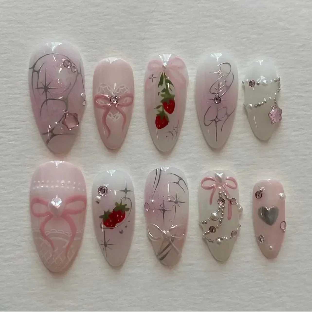 24 pieces of pink almond fake nail butterfly ballet designed in France wearable fake nailsW241125