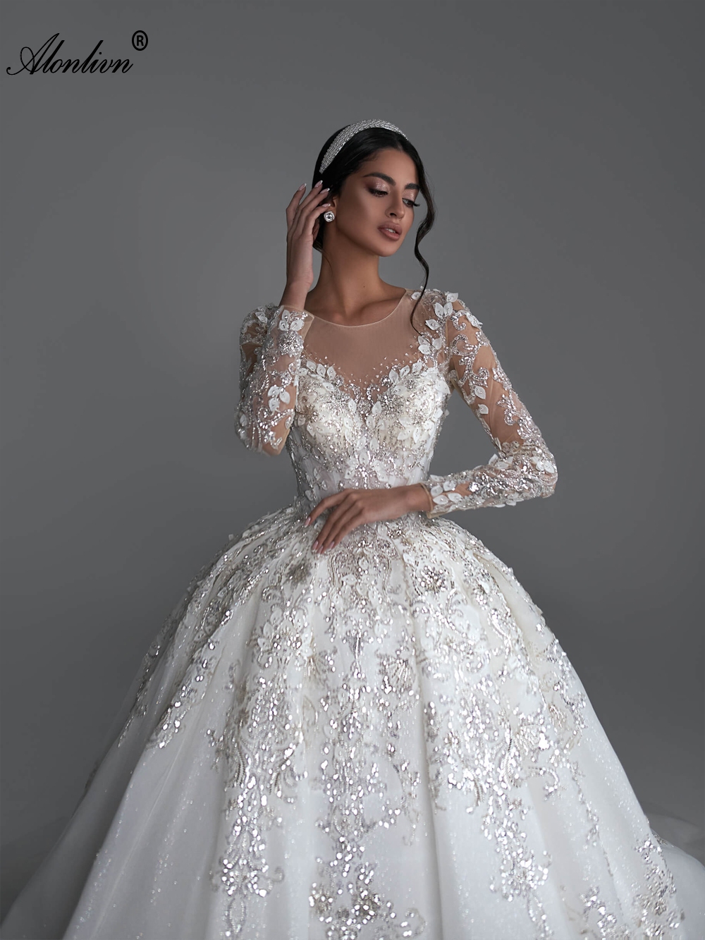 Gorgeous Lace Illusion Scoop Full Sleeves Ball Gown Wedding Dress Beading Pearls Appliques Prints princess Bridal Gowns Back With Button