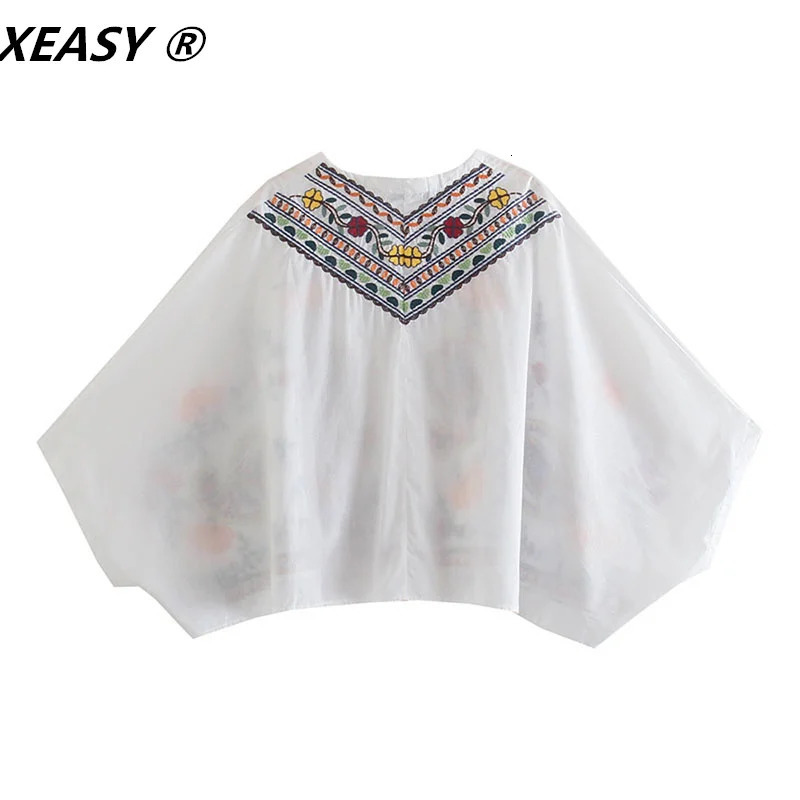 XEASY Women Fashion 2Piece Set Vintage Flowers Batwing Sleeve Embroidered Shirt Female High Waist Mini Skirt Sweet Suits 240423