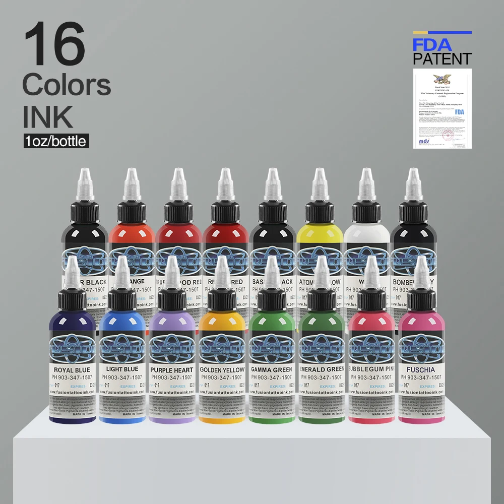 16Pcs Tattoo Ink Fusion tattoo inks 16 Colors Set 1 oz 30ml/Bottle Tattoo Pigment Kit for 3D makeup beauty skin body art.