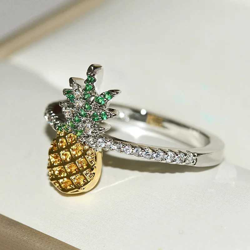 Band Rings 2019 fashion Cute Fruit Pineapple Ring Yellow/white Gold Color 5A Cubic Zirconia Women Monaco Fashion Party Jewelry H240425