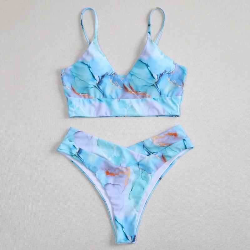 Womens Swimwear 2024 Tie Dye Print Push Up Bikinis Women Sexy Marble Swimsuit Midi Waist Woman Bathing Suit Summer Sport Beach Wear