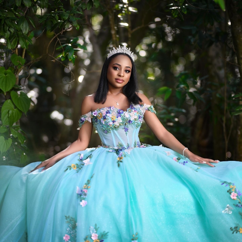 Mint Green Shiny Quinceanera Dresses Ball Gown Off The Shoulder Flowers Appliques Beading Ruffles Bow Sweet 16 Vestidos De 15 Anos