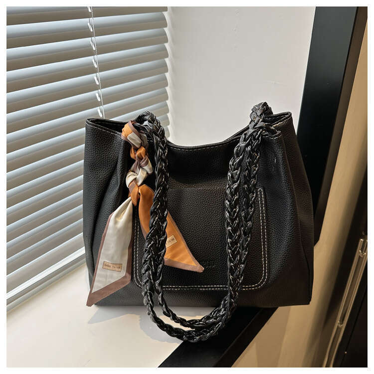 Large capacity solid color western-style silk scarf 2024 new casual women's texture commuting woven strap single shoulder tote bag