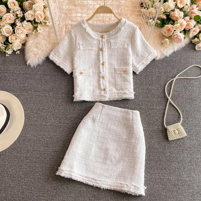 Women's Blouses Fashion Tweed Two Piece Skirt Set Elegant Short Jacket Coat Sleeved High Waist Wrapped Hip Half