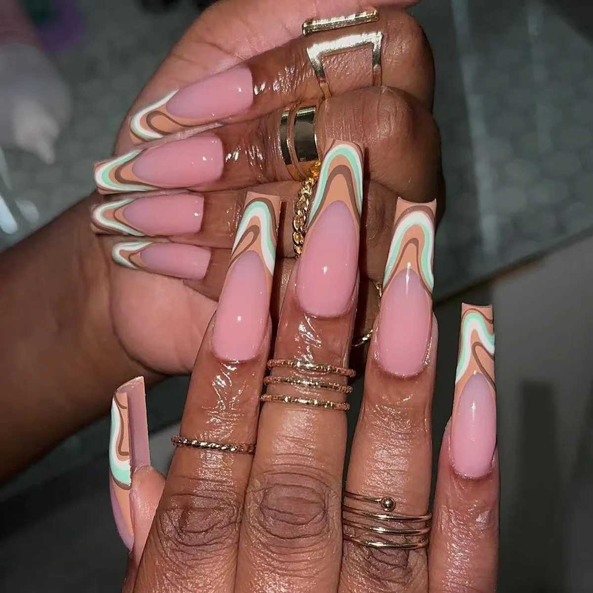 24 Simple French Fake Nails Diamond Ballet Fake Nails Brown Square Nails with Love Design PressW241125
