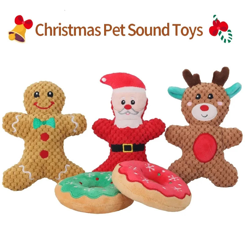 Xmas Pet Dog Plush Chew Toy Santa Elk Gingerbread Man Donut Cat Dog Christmas Series Cartoon Dog Toy Plush Squeak Toy Cookies 241125