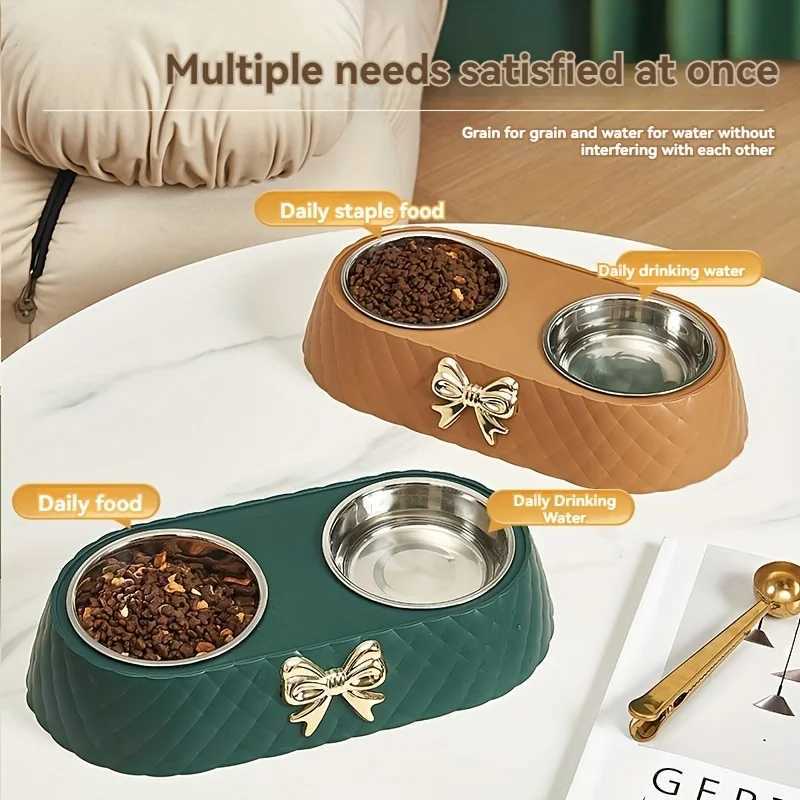 A set of colorful fashion bow pet bowl Large capacity feeding double bowl stainless steel cat bowl feeding water cat rice bowlXJ241125