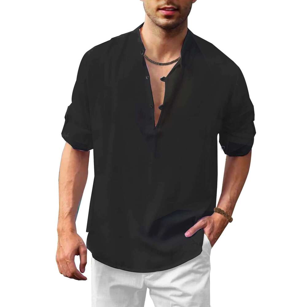Autumn And Winter Men's En Henry Shirt Collar Long Sleeved Casual Beach B1