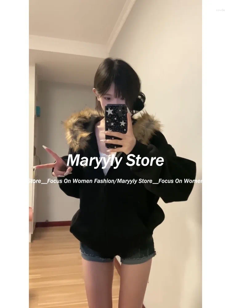 Women's Hoodies Autumn Winter Women Black Zip Up Vintage Korean Preppy Style Faux Fur Coat Oversized Casual Sweatshirt Haruku Jacket
