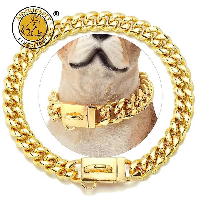 18K Gold Dog Collar Stainless Steel Cuban Chain 14mm Wide Metal Pet Necklace Used for Small Medium and Large Dog Collar Products X241125