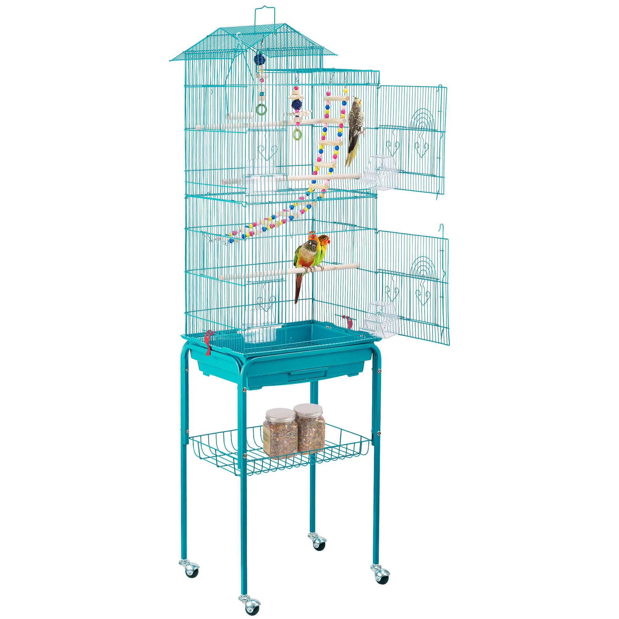 Topeakmart Teal Blue Metal Bird Cage with Ladder Toy and Rolling Detachable Stand, 62.4" H