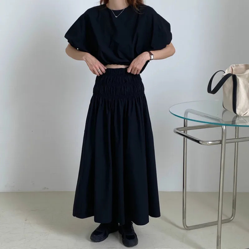 Oversized Summer Vintage 2 Two Piece Skirts Sets Women Outfits Puff Sleeve Crop Top and Elastic Waist Pleat Long Aline Skirt 240423