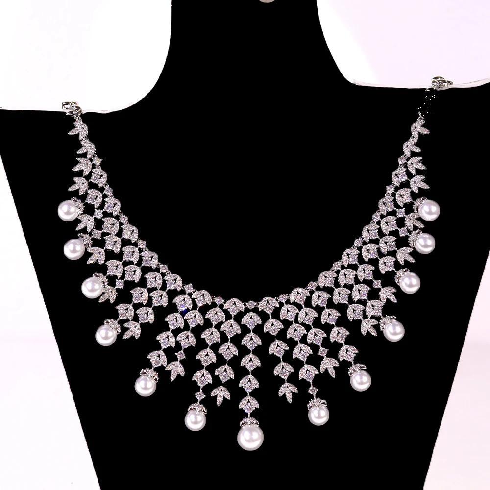 ASNORA 3A Cubic Zirconia Silver Color Tassel Necklace Pearl Jewelry Sets Bridal Dubai Wedding PROM Accessories 241122