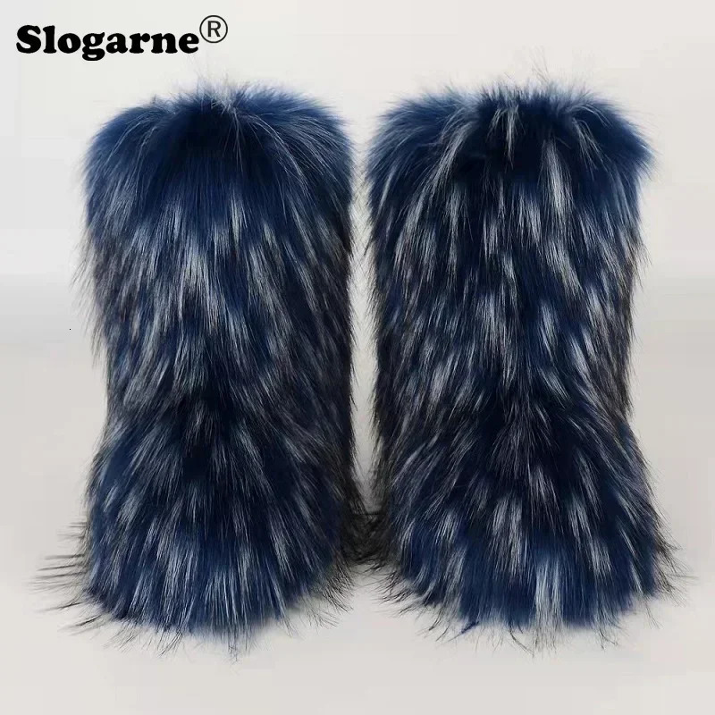 Womens Winter Fluffy Faux Fox Fur Boots Woman Plush Warm Snow Boots Footwear Furry Fur Bottes Fashion Winter Shoe 241125