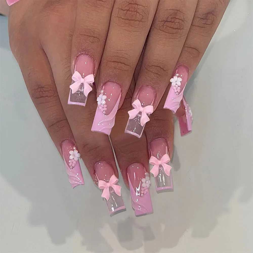 24 long holiday nails with water ripple square nails pink 3D bow transparent design removable by nail reusableW241125