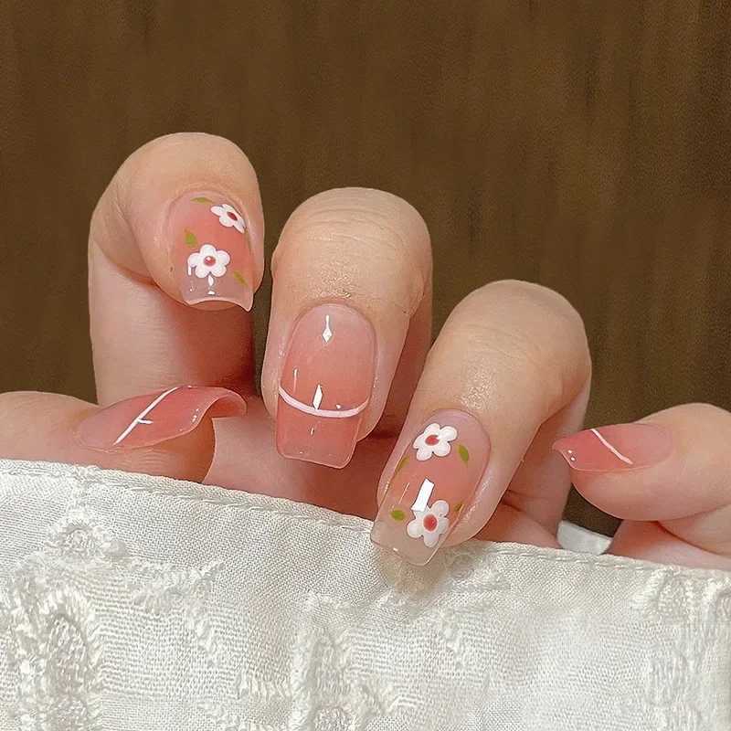 Powder wearable pink pressed fake nail tip adhesive fake nail design butterfly cute girl fake nailW241125