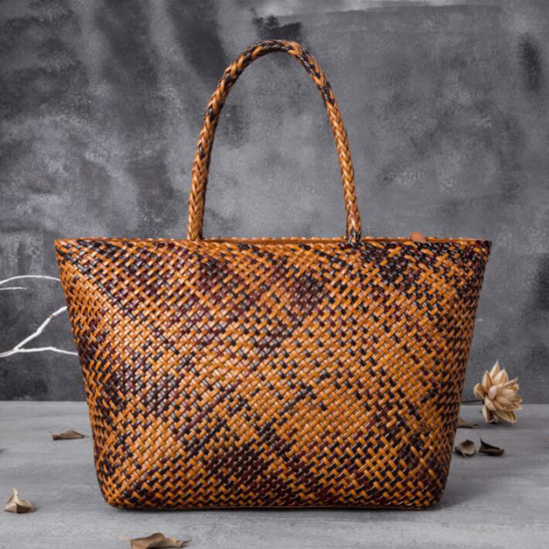 Women Leather Handbag Romantic Handmade Woven Totes Female Cowhide Big Holiday Bucket Bag Causal Beach Shoulder Handbags Patent Leather