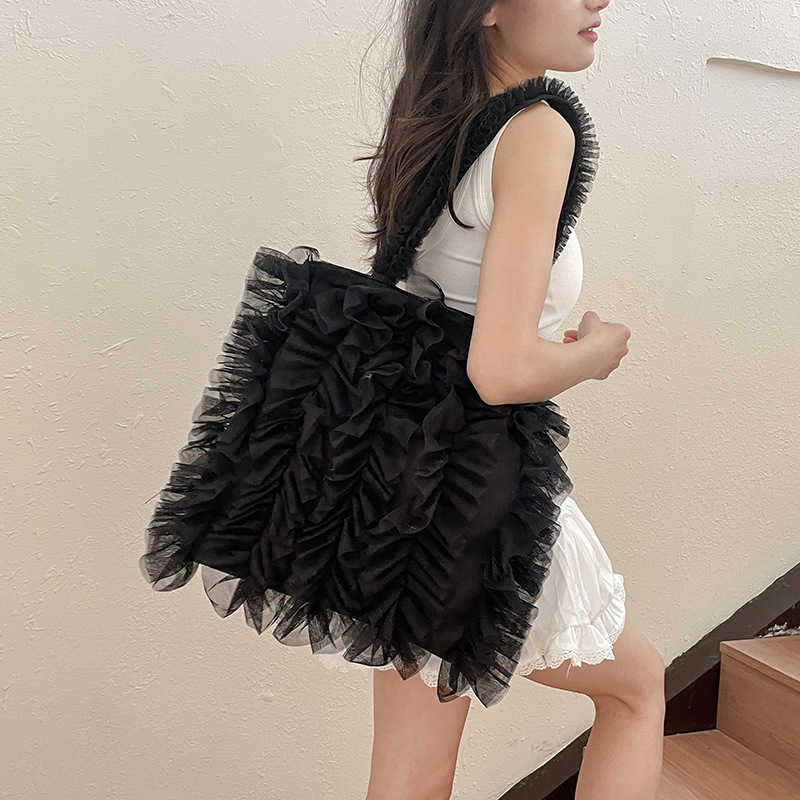 Womens Handbag Lace Soft Yarn Skirt Edge Pleated Shoulder Bag Korean Version Sweet Style Fringe Tote Bags 241125
