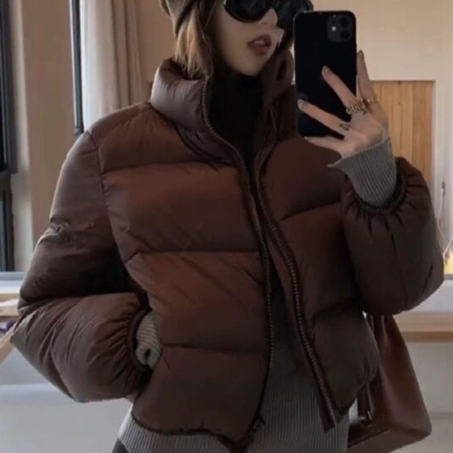 Fashion designer's new Fengkendou down for women, short, coffee colored, small, versatile, high waisted stand up collar bread jacket