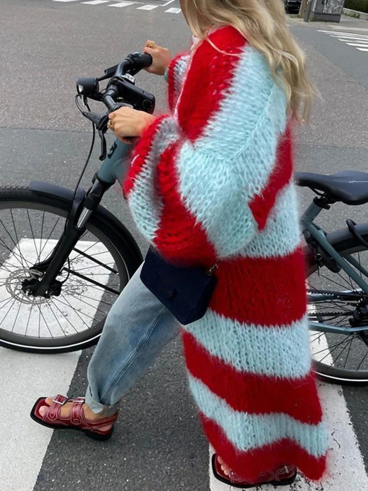 LANMREM High Street Striped Knited Cardigan For Women Lantern Sleeves Contrast Color Long Sweater Autumn Winter 2Z2559 241112