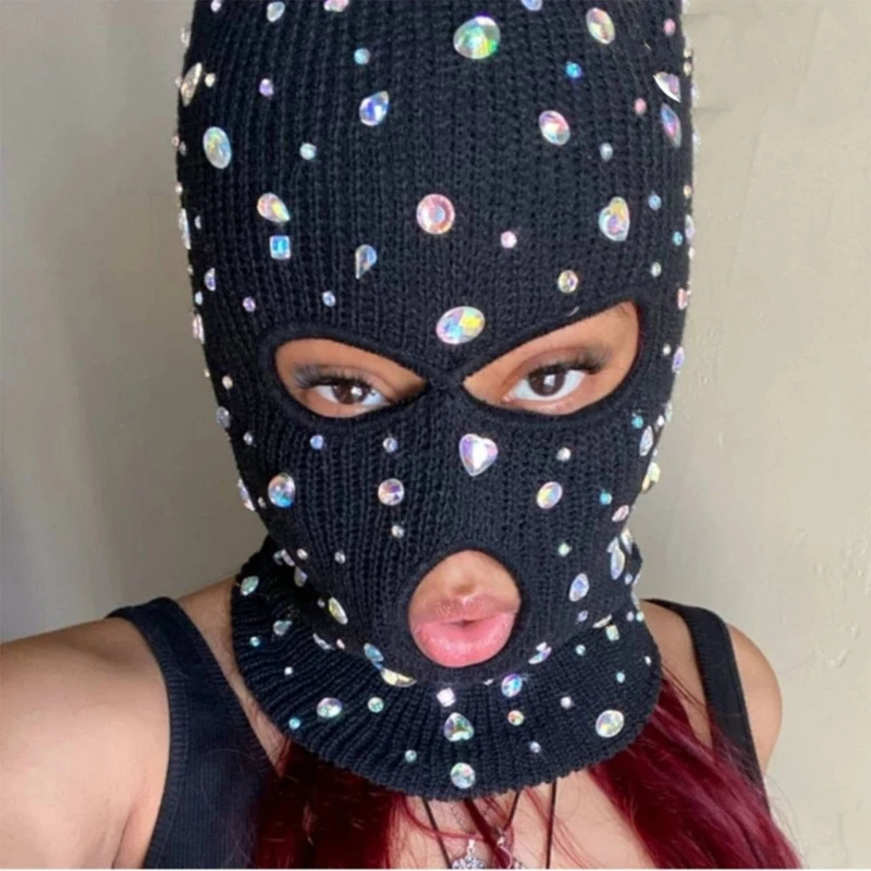 Balaclava Sparkling Face Mask Jewelry Hat Hooded Neck Warmer for Outdoor Halloween Role Playing Balaclava Hat 241125
