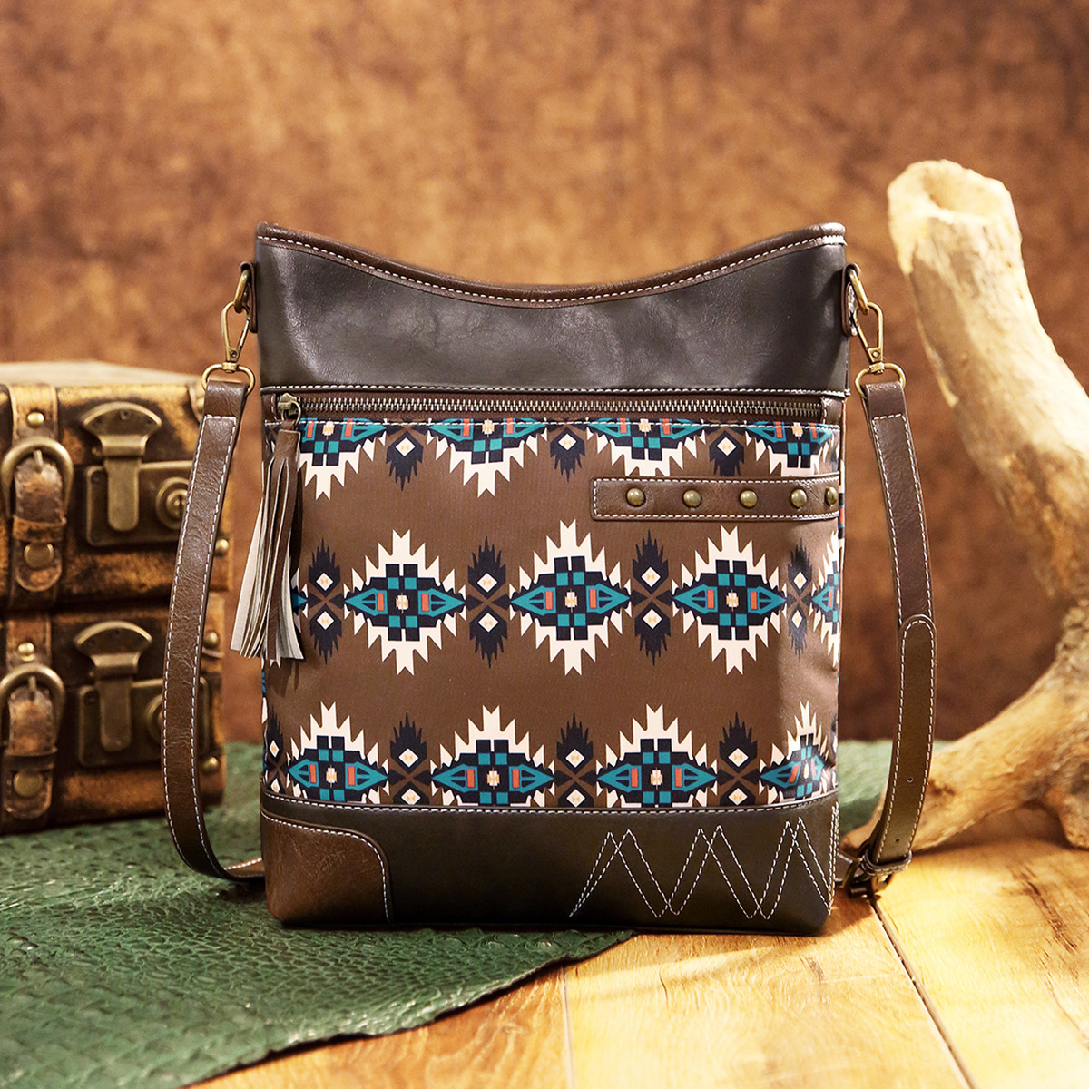 Vintage cross-border Amazon printed twill tarp crossbody bag for women Bohemian Aztec denim