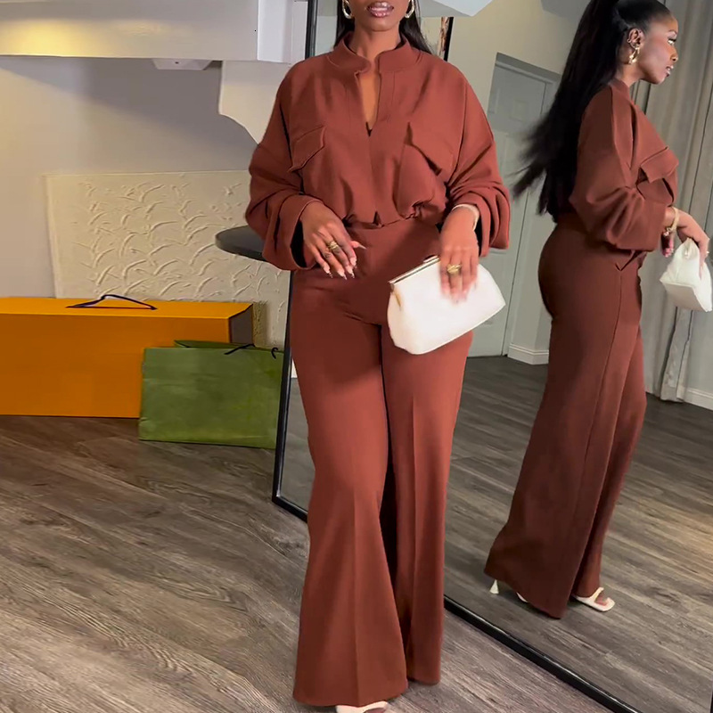 Large Size Women's Clothing Spring New Casual V-Neck Sleeved Top Wide Leg Long Pants Set