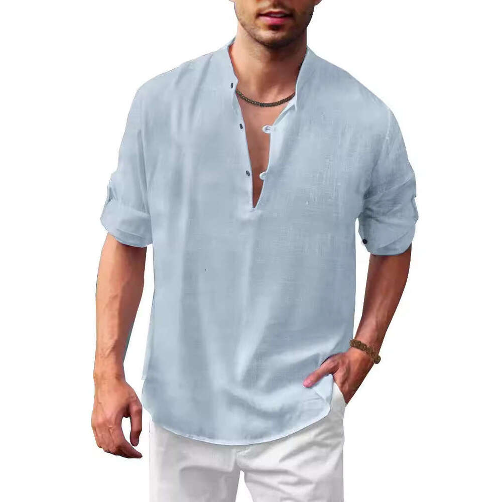 Autumn And Winter Men's En Henry Shirt Collar Long Sleeved Casual Beach B1
